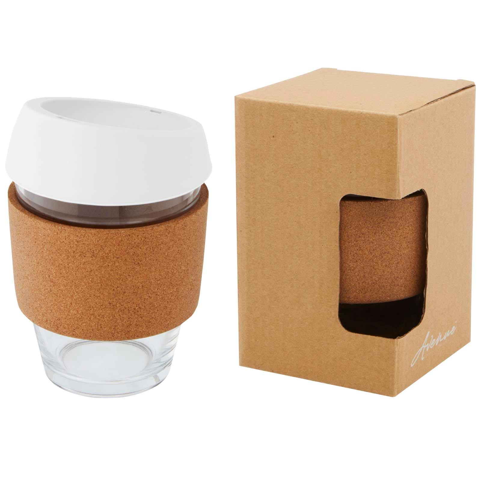 Gobelet Lidan de 360 ml en verre borosilicate avec grip en liège et couvercle en silicone
