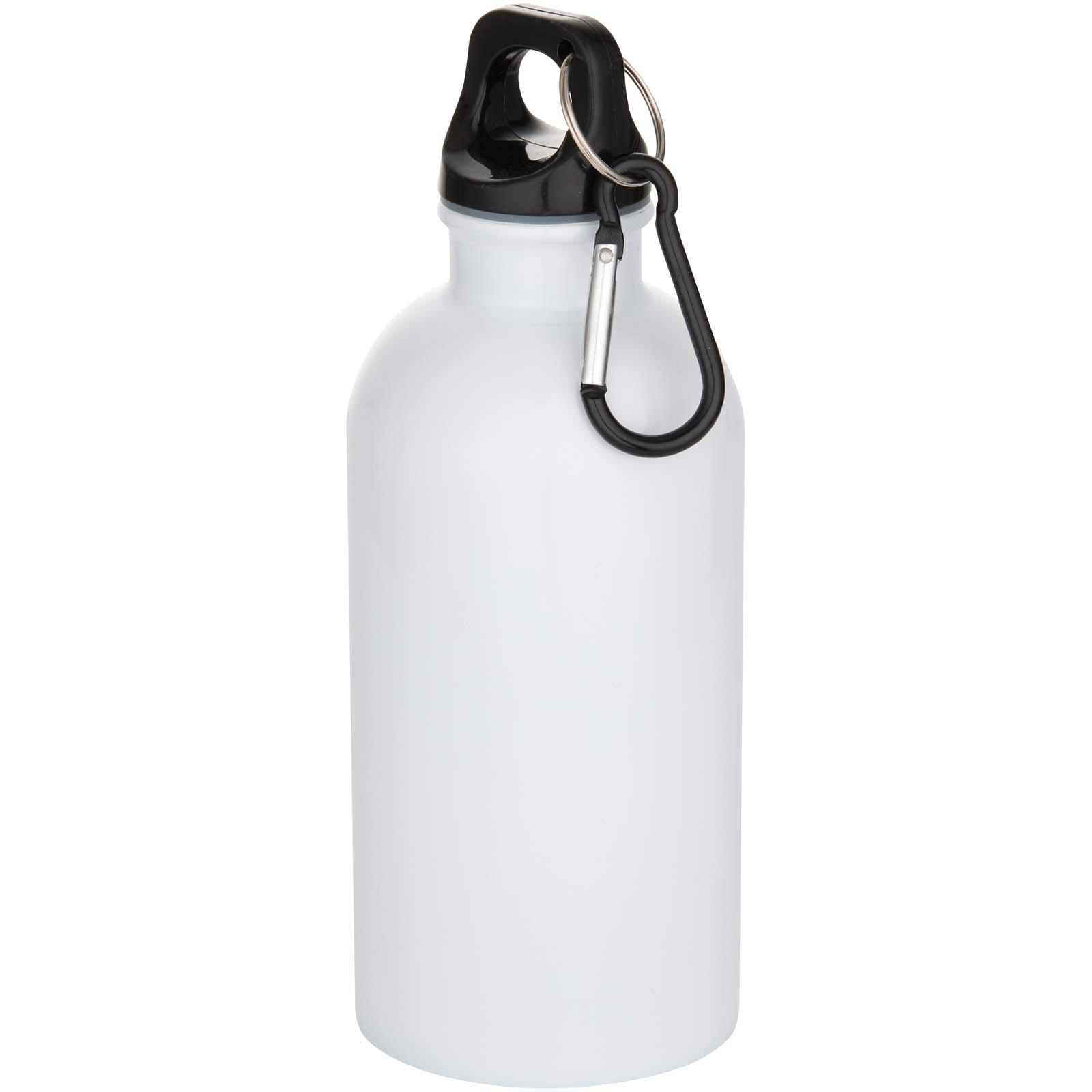 Bouteille d’eau Oregon de 400 ml en acier inoxydable recyclé à simple paroi certifié RCS avec mousqueton (impression par sublimation)