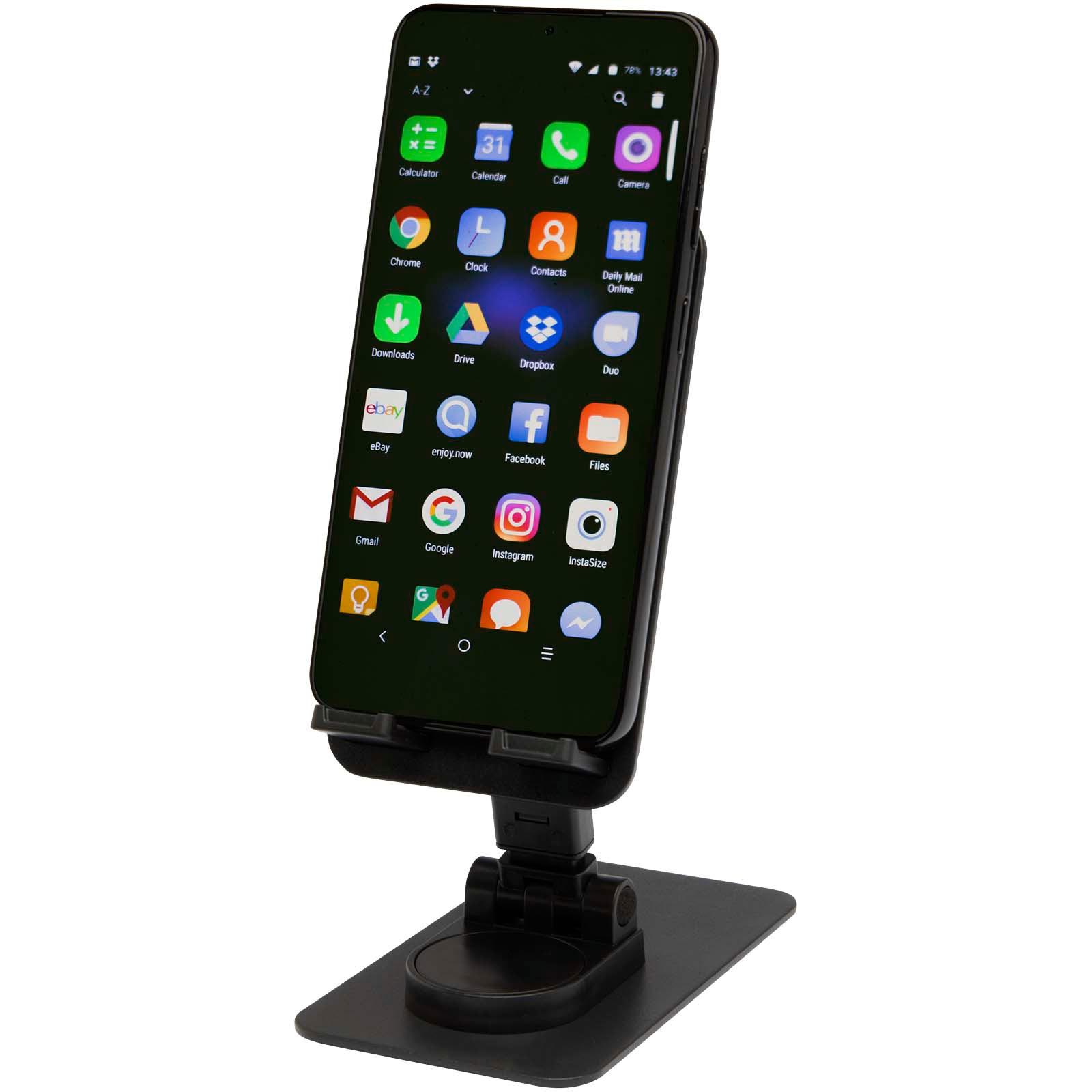 Support de téléphone Alhena pliable en plastique recyclé avec support de bureau en métal