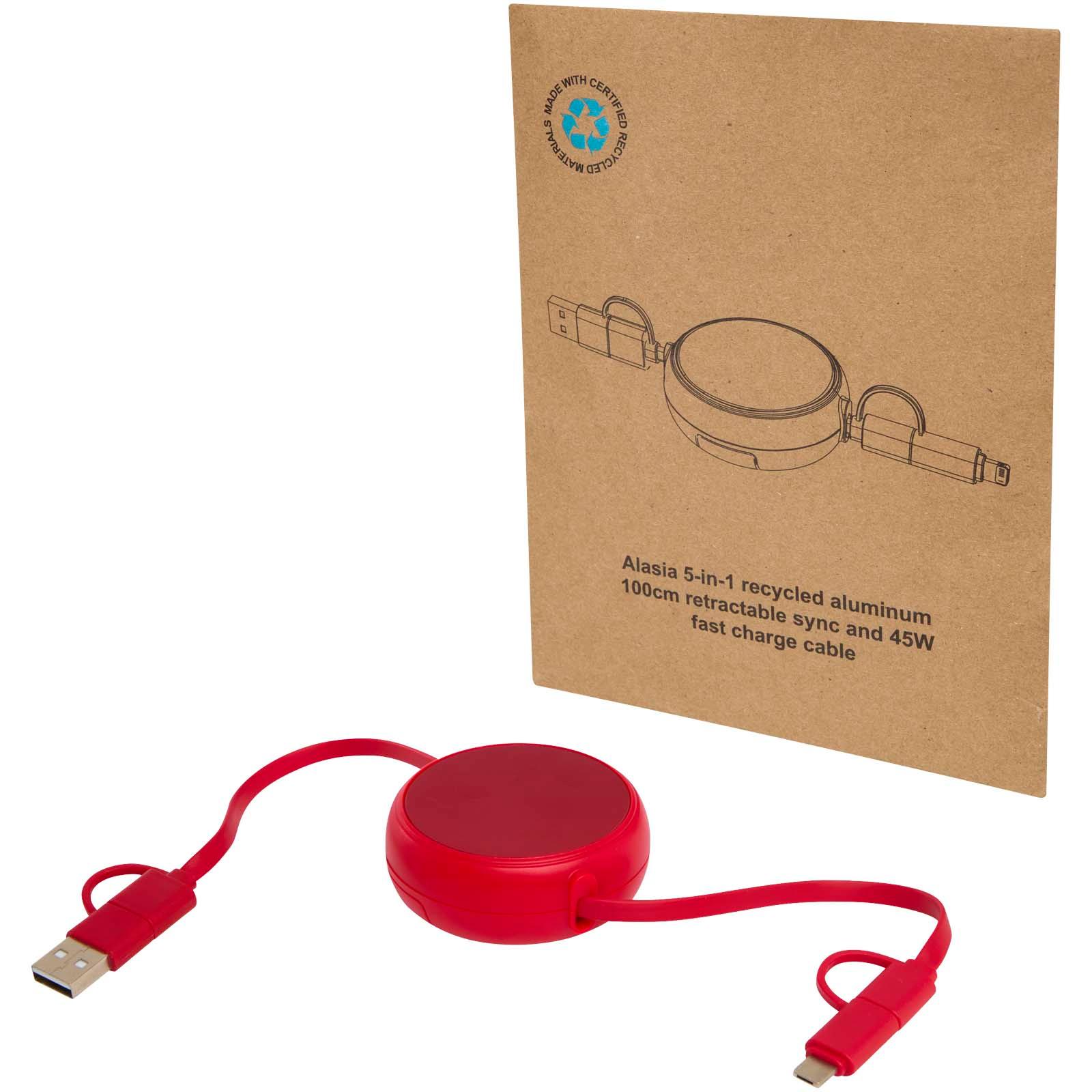 Câble rétractable 5 en 1 Alasia de 100 cm en plastique recyclé et aluminium pour la synchronisation des données et la charge rapide de 45 W
