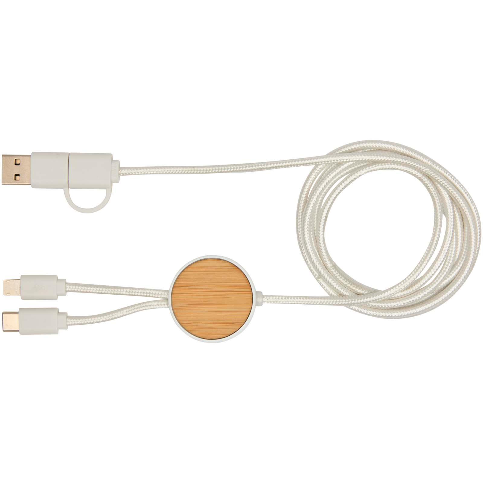 Câble 5 en 1 Chechia en plastique recyclé de 150 cm pour la synchronisation des données et la charge rapide de 27 W avec détails en bambou