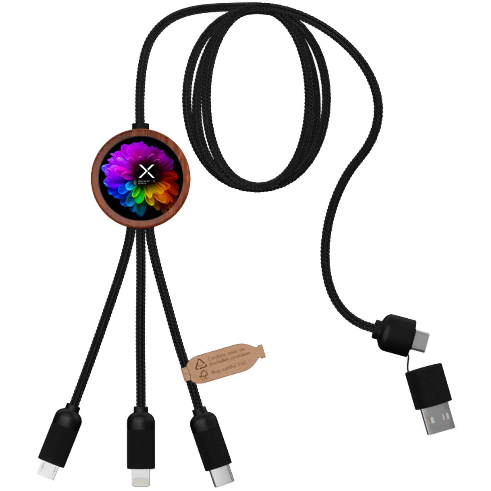 Câble de charge 5-en-1 SCX.design C37 en rPET avec logo lumineux et boîtier rond en bois de 40 W